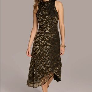 Donna Karan Black and Gold Polka Dot Cowl Neck Dress